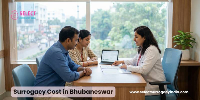 Couple discussing surrogacy cost with doctor at Select Surrogacy India clinic in Bhubaneswar