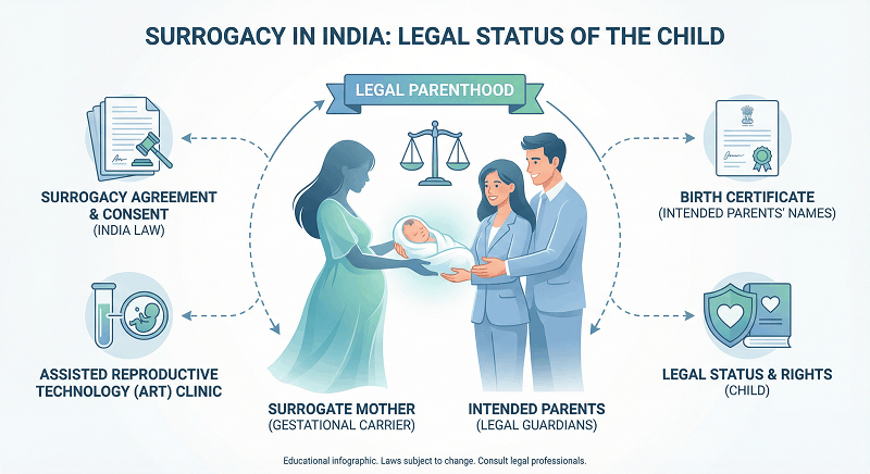 infographic explaining legal status of child born through surrogacy in India