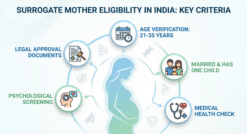 infographic explaining eligibility criteria for surrogate mother in India