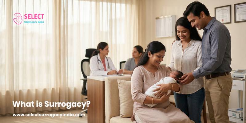 Doctor explaining surrogacy process to couple at Select Surrogacy India clinic