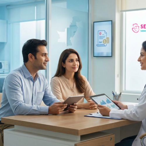 couple discussing IVF treatment cost with doctor in Pakistan fertility clinic